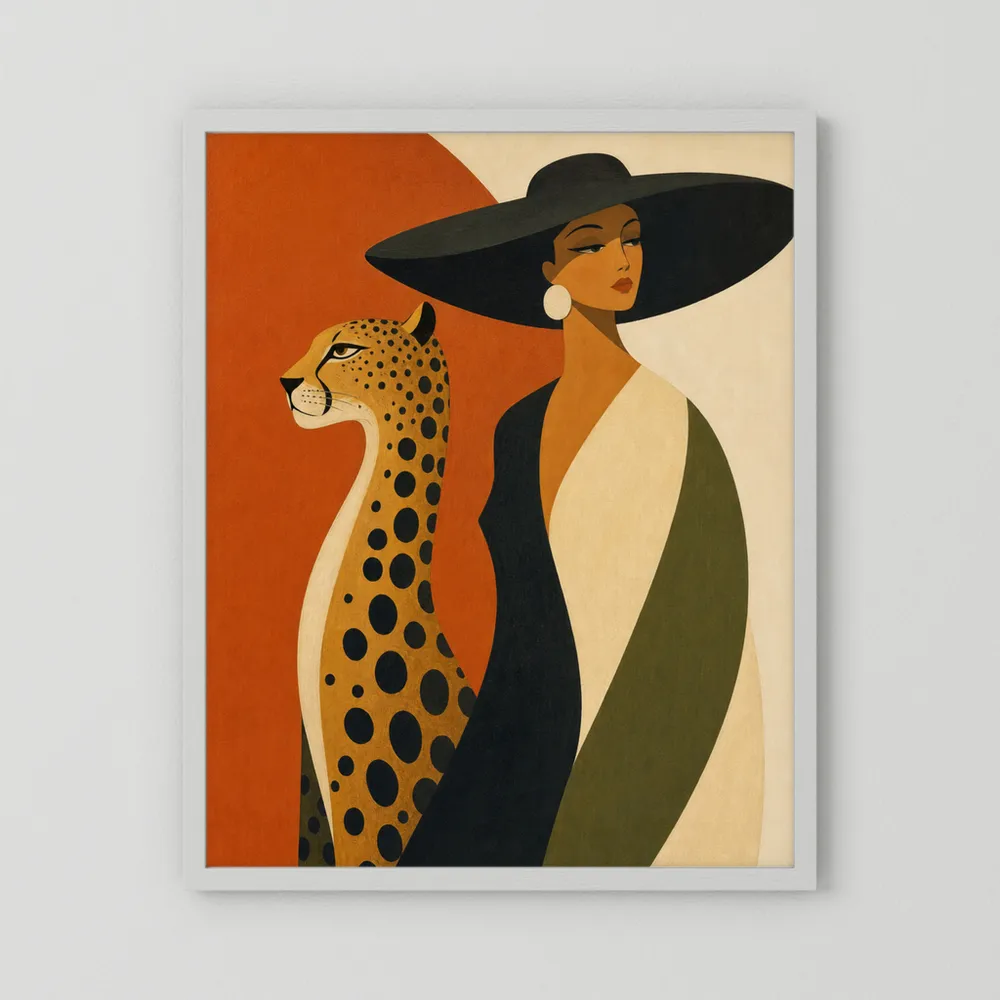 Glamorous Woman in Black Hat with Cheetah Mid-Century Art Print