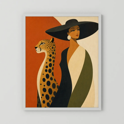 Glamorous Woman in Black Hat with Cheetah Mid-Century Art Print