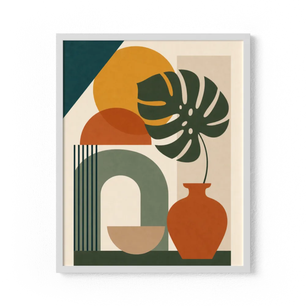Mid-Century Monstera & Abstract Shapes Art Print