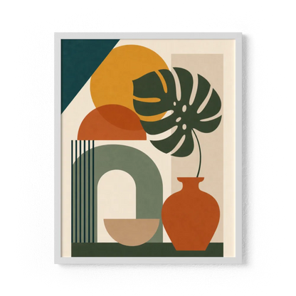Mid-Century Monstera & Abstract Shapes Art Print