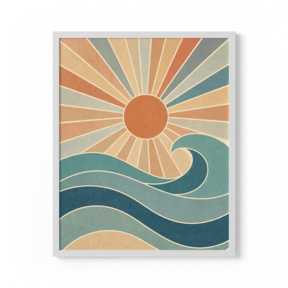 Retro Rising Sun & Ocean Wave Art Print