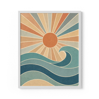 Retro Rising Sun & Ocean Wave Art Print
