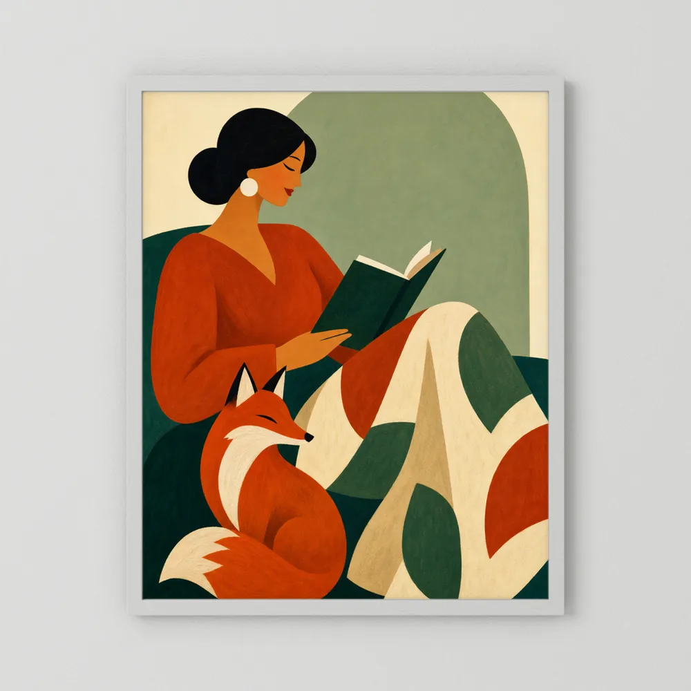 Woman Reading with Fox Mid-Century Retro Art Print