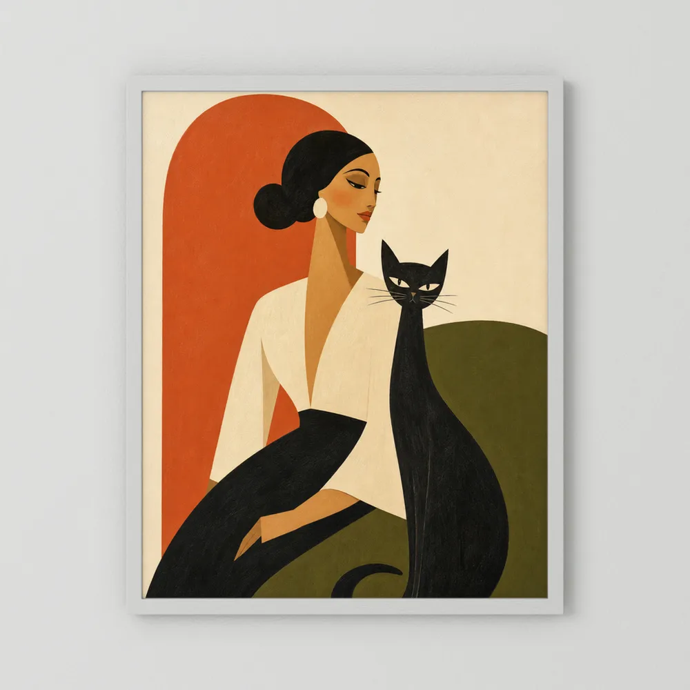 Woman with Sleek Black Cat Mid-Century Retro Art Print