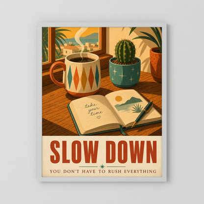 Slow Down – Retro Coffee & Journal Art Print