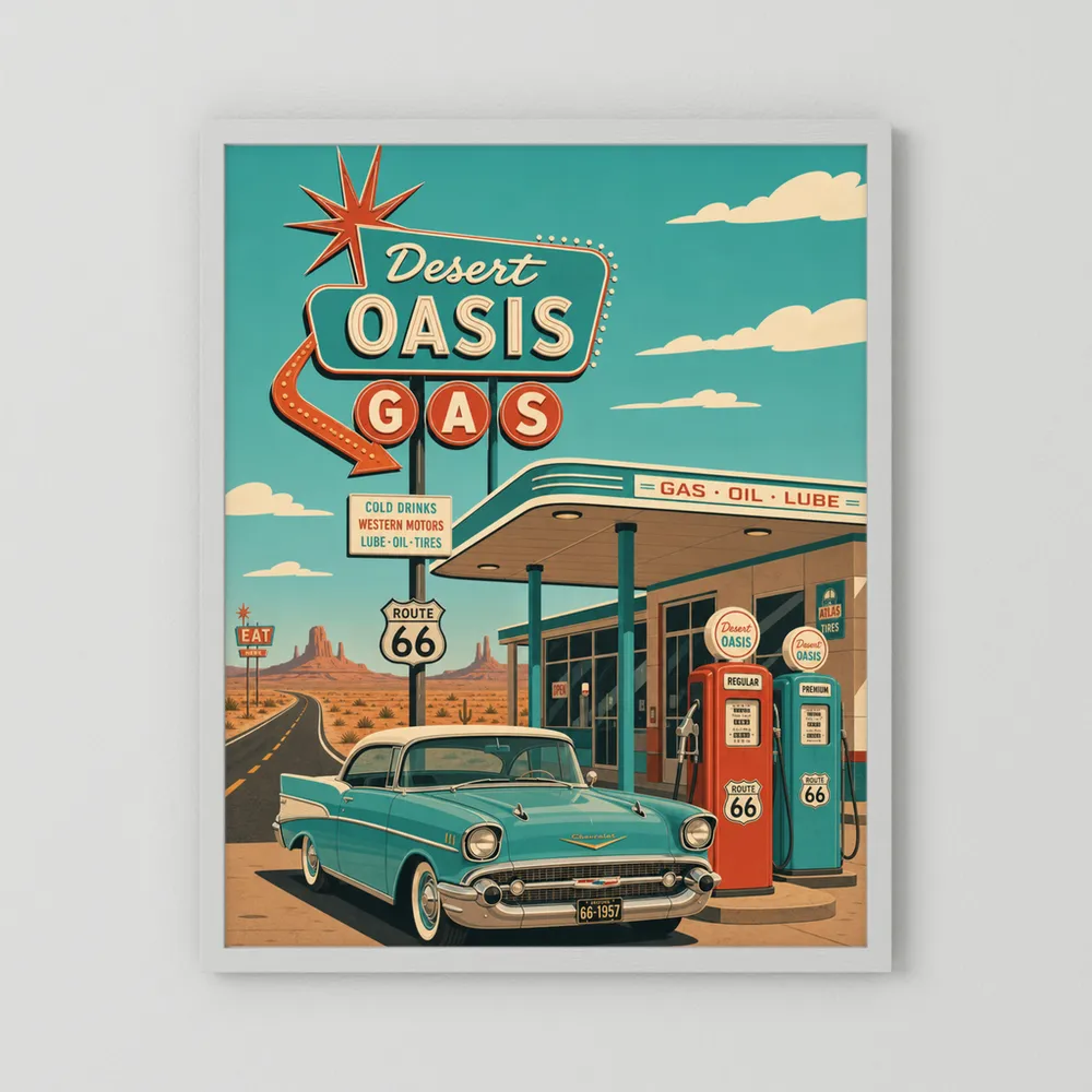 Desert Oasis Gas Station Route 66 Vintage Art Print