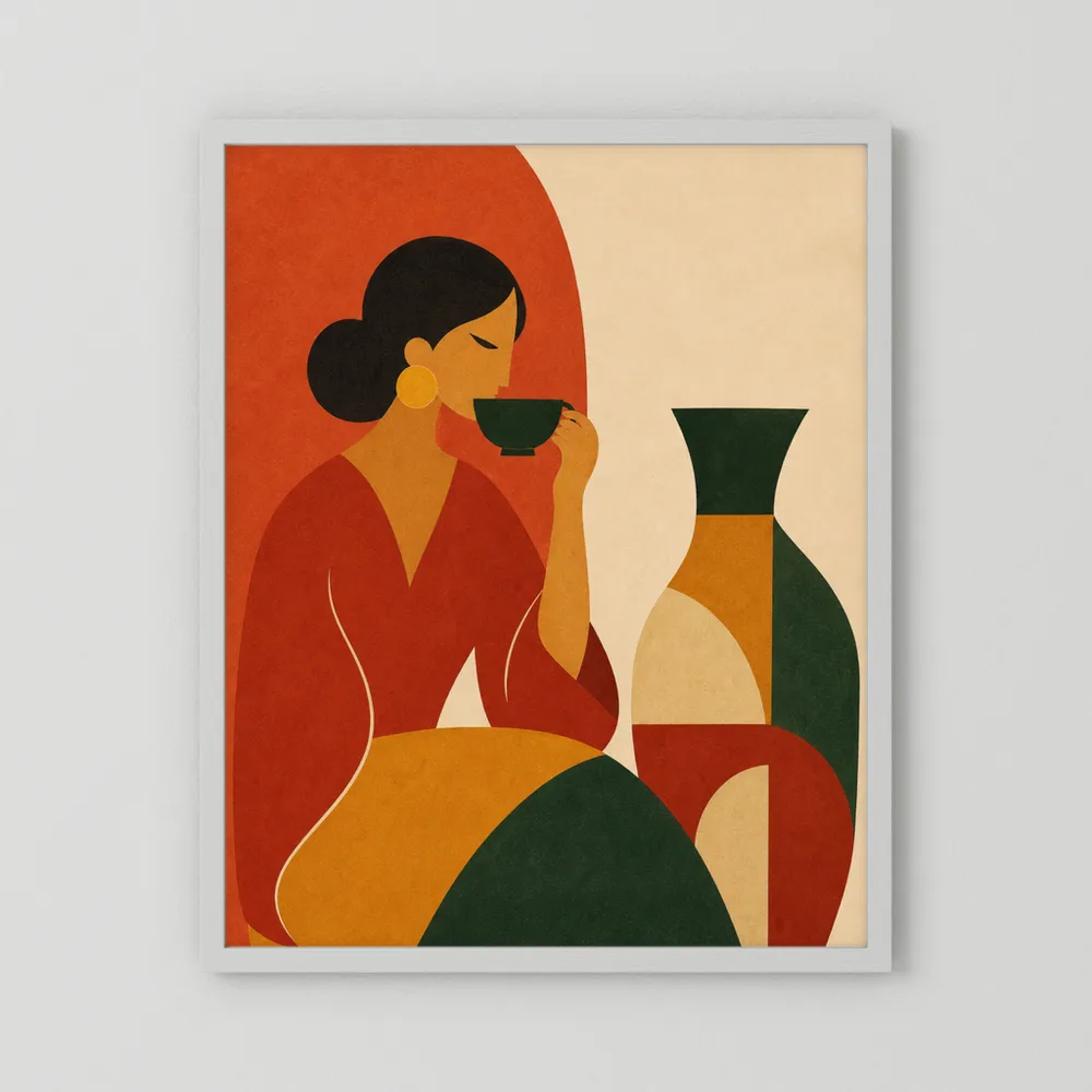 Woman Sipping Tea with Patterned Vase Boho Minimalist Art Print