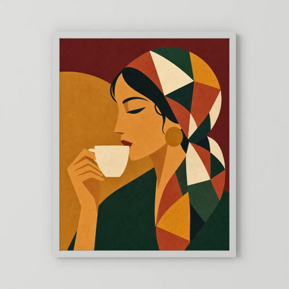 Woman Drinking Coffee with Geometric Headscarf Retro Art Print