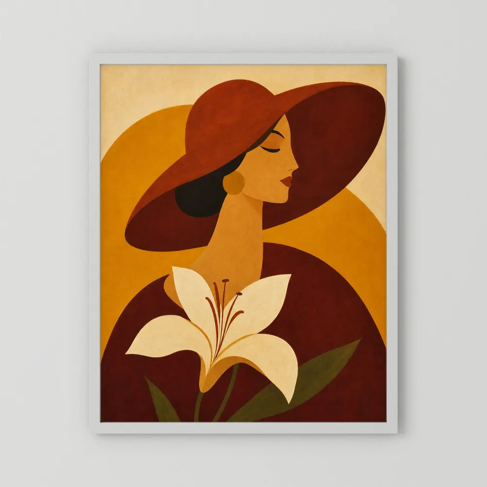 Woman in Sun Hat with White Lily Retro Art Print