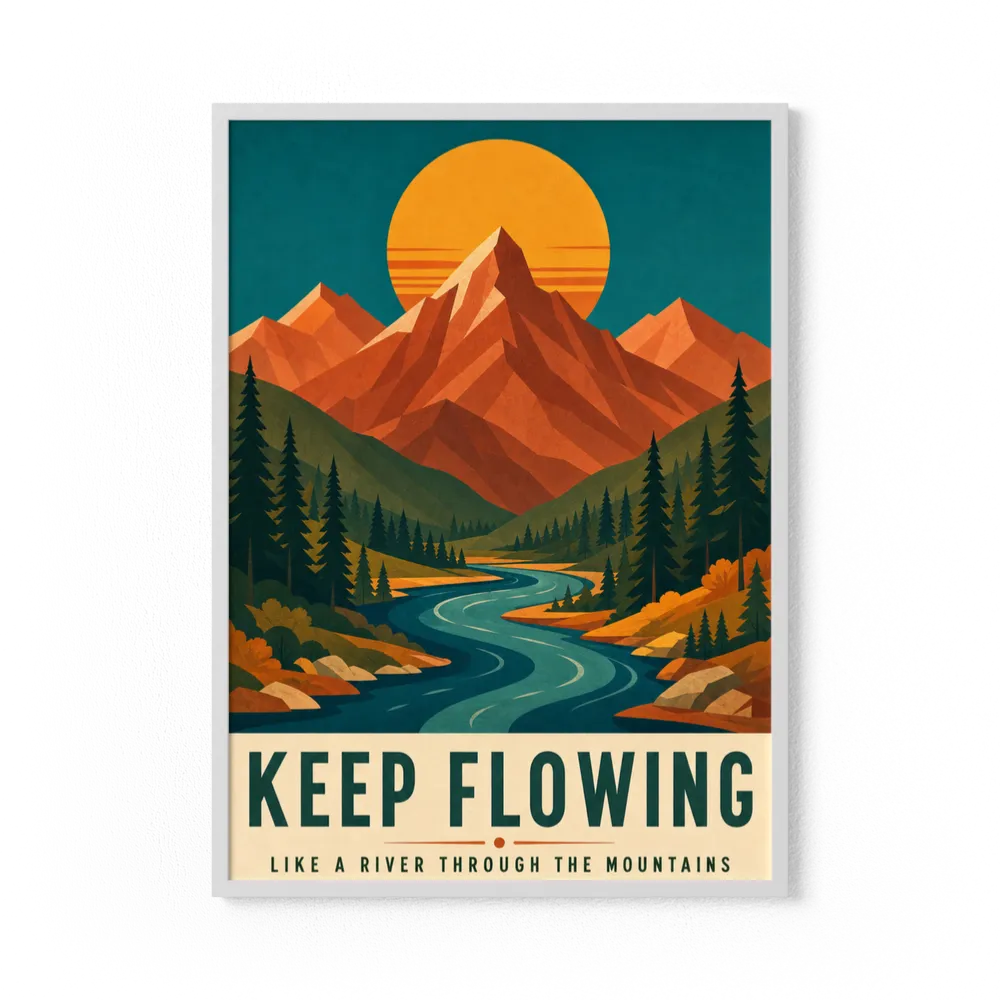 Keep Flowing – Retro Mountain & River Art Print
