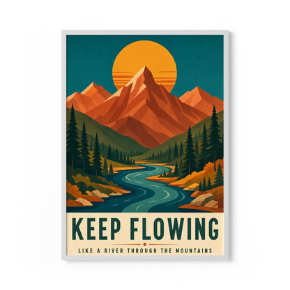 Keep Flowing – Retro Mountain & River Art Print