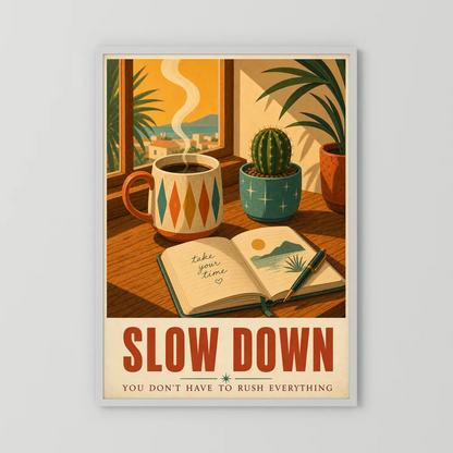 Slow Down – Retro Coffee & Journal Art Print