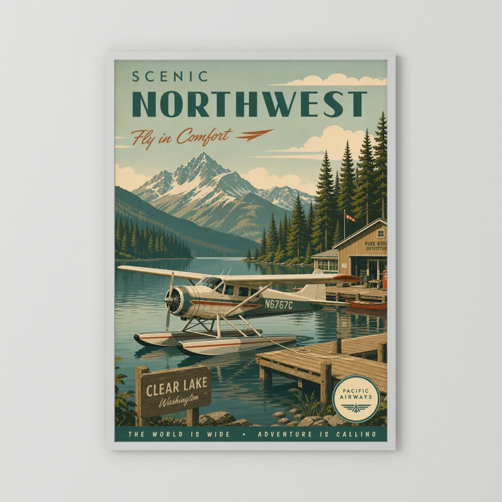 Scenic Northwest Clear Lake Washington Seaplane Vintage Travel Poster Art Print