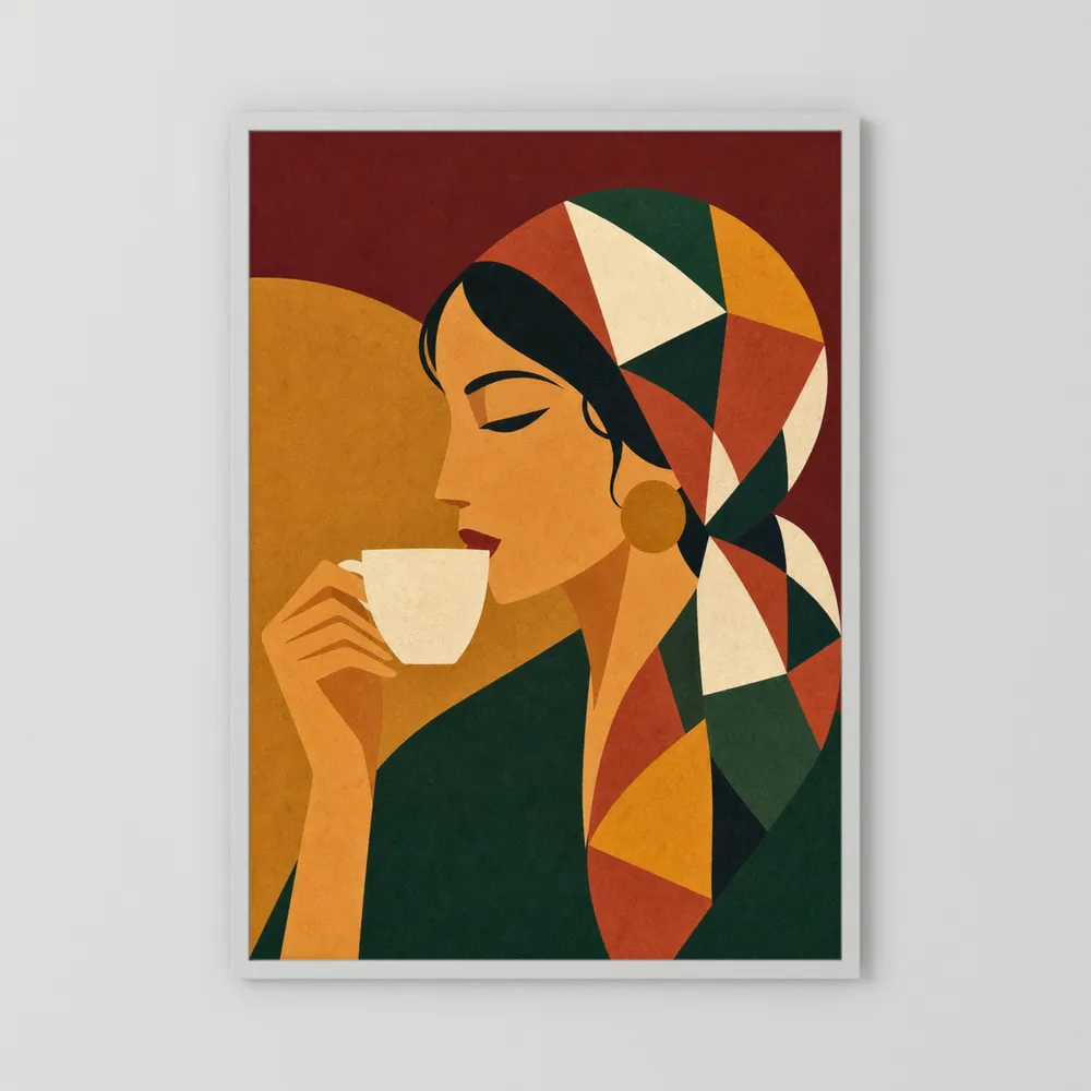 Woman Drinking Coffee with Geometric Headscarf Retro Art Print