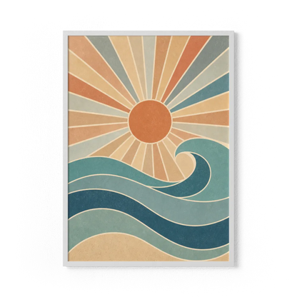 Retro Rising Sun & Ocean Wave Art Print