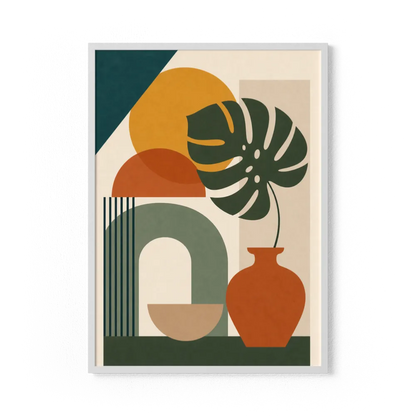 Mid-Century Monstera & Abstract Shapes Art Print
