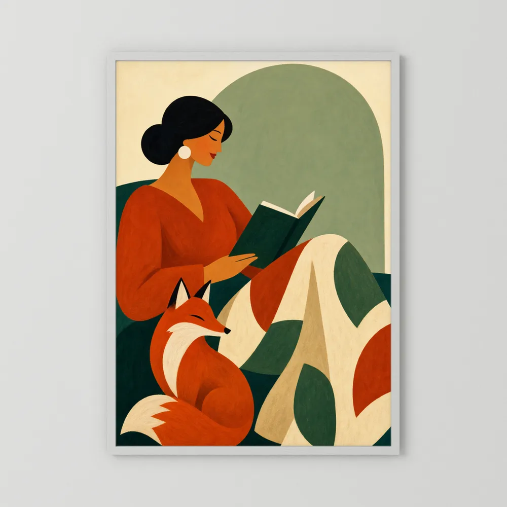 Woman Reading with Fox Mid-Century Retro Art Print