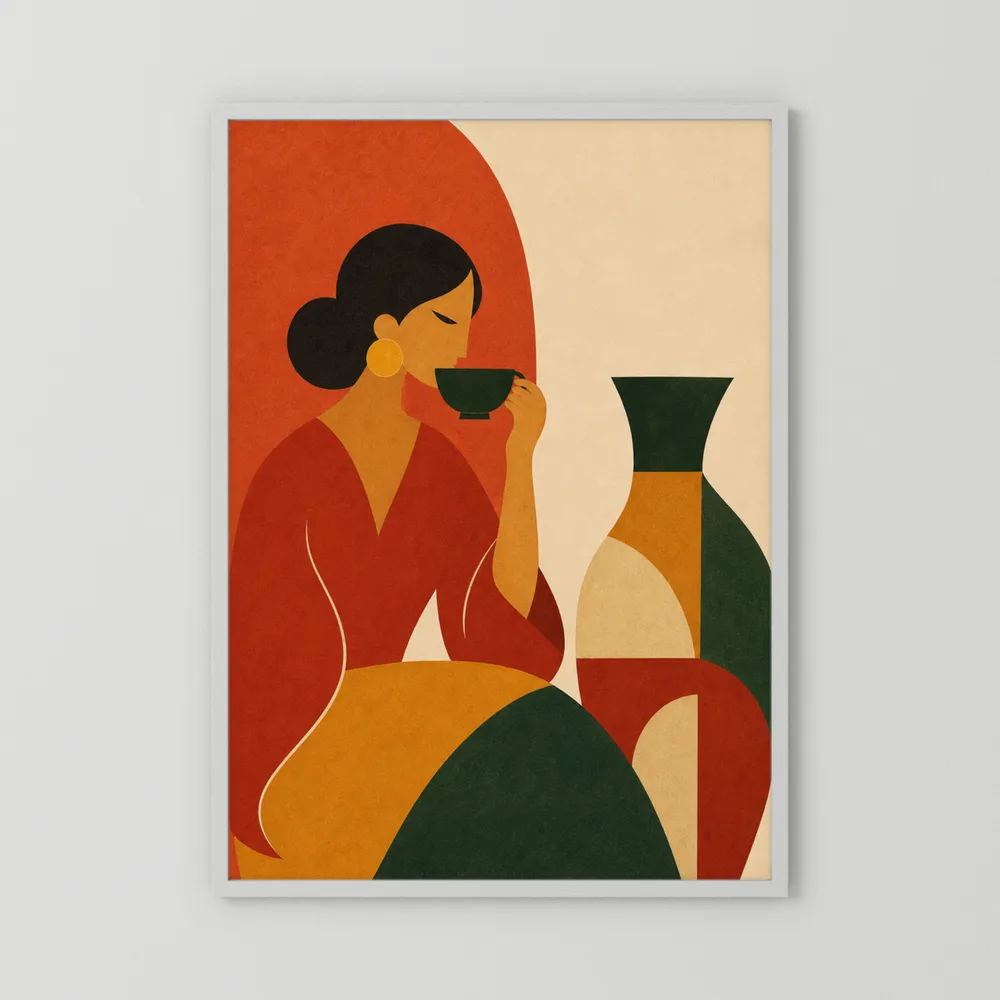 Woman Sipping Tea with Patterned Vase Boho Minimalist Art Print
