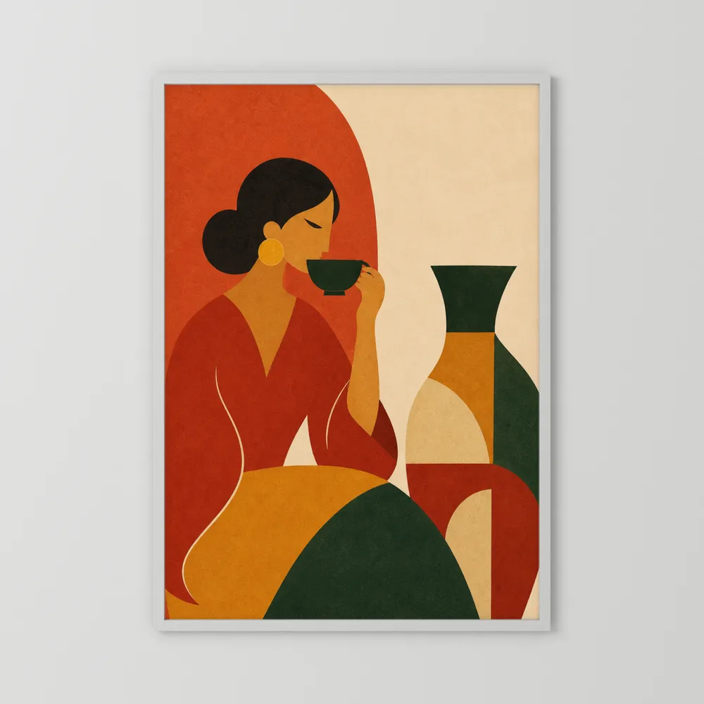 Woman Sipping Tea with Patterned Vase Boho Minimalist Art Print