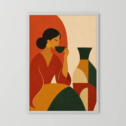 Woman Sipping Tea with Patterned Vase Boho Minimalist Art Print