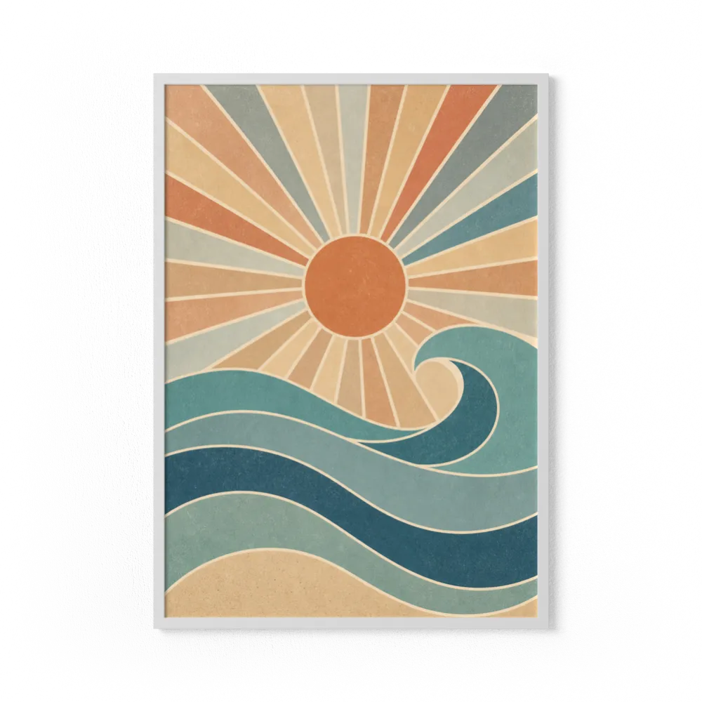 Retro Rising Sun & Ocean Wave Art Print