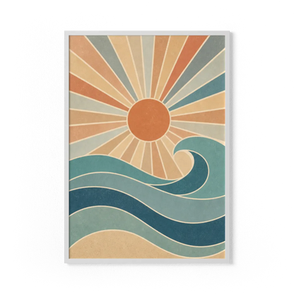 Retro Rising Sun & Ocean Wave Art Print