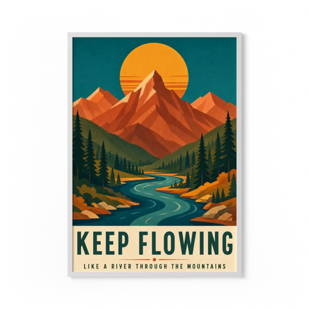 Keep Flowing – Retro Mountain & River Art Print