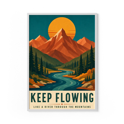 Keep Flowing – Retro Mountain & River Art Print