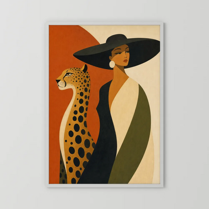Glamorous Woman in Black Hat with Cheetah Mid-Century Art Print