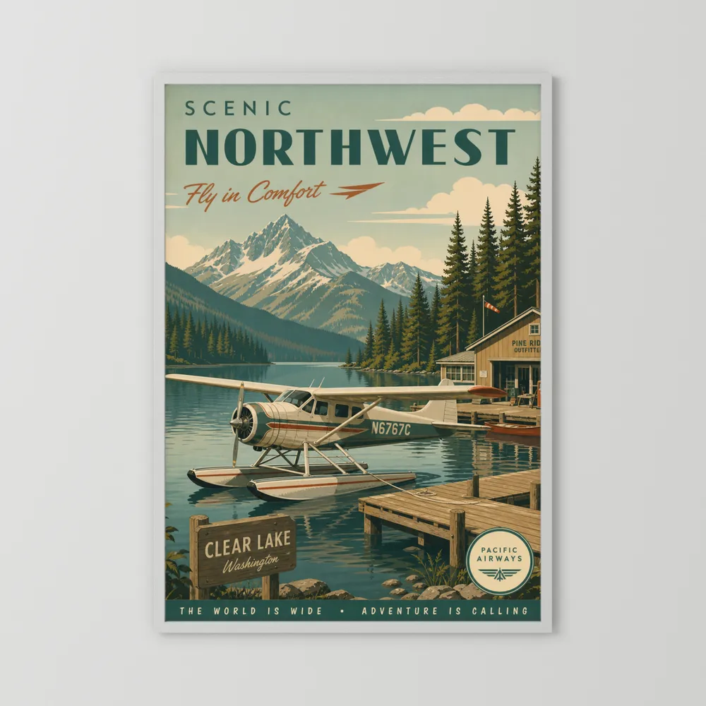Scenic Northwest Clear Lake Washington Seaplane Vintage Travel Poster Art Print