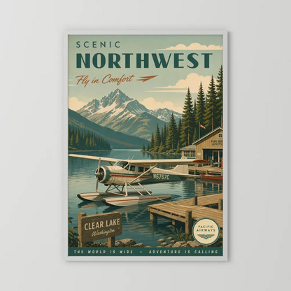 Scenic Northwest Clear Lake Washington Seaplane Vintage Travel Poster Art Print