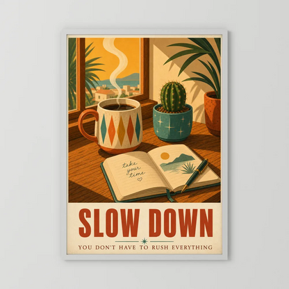 Slow Down – Retro Coffee & Journal Art Print