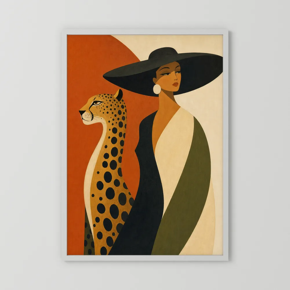 Glamorous Woman in Black Hat with Cheetah Mid-Century Art Print