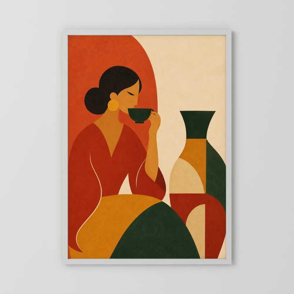 Woman Sipping Tea with Patterned Vase Boho Minimalist Art Print