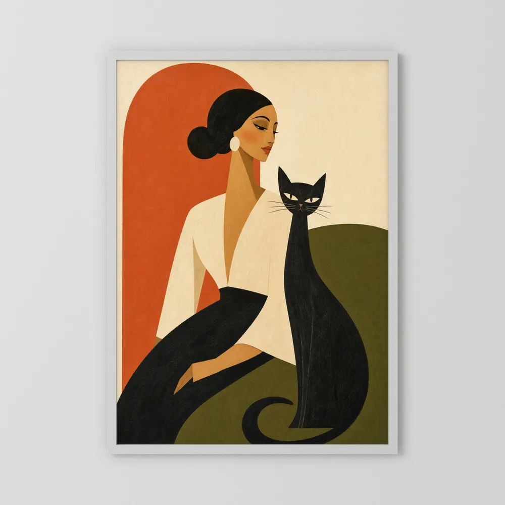 Woman with Sleek Black Cat Mid-Century Retro Art Print