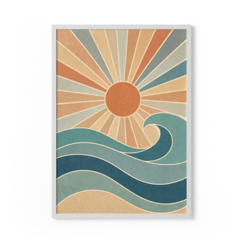 Retro Rising Sun & Ocean Wave Art Print
