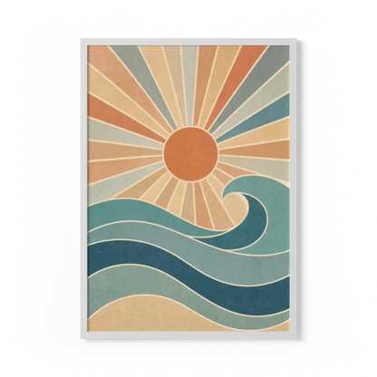 Retro Rising Sun & Ocean Wave Art Print