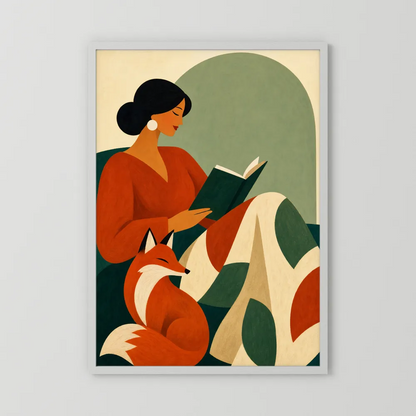 Woman Reading with Fox Mid-Century Retro Art Print