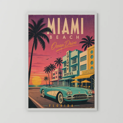 Miami Beach Ocean Drive Art Deco Vintage Travel Poster