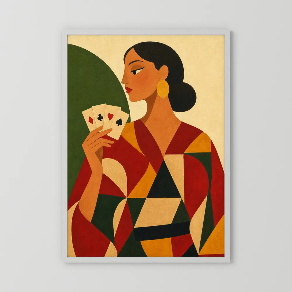Woman Holding Playing Cards Mid-Century Art Deco Print