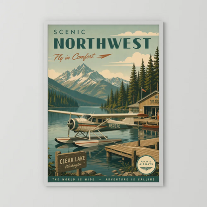 Scenic Northwest Clear Lake Washington Seaplane Vintage Travel Poster Art Print