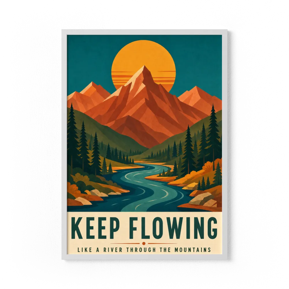Keep Flowing – Retro Mountain & River Art Print
