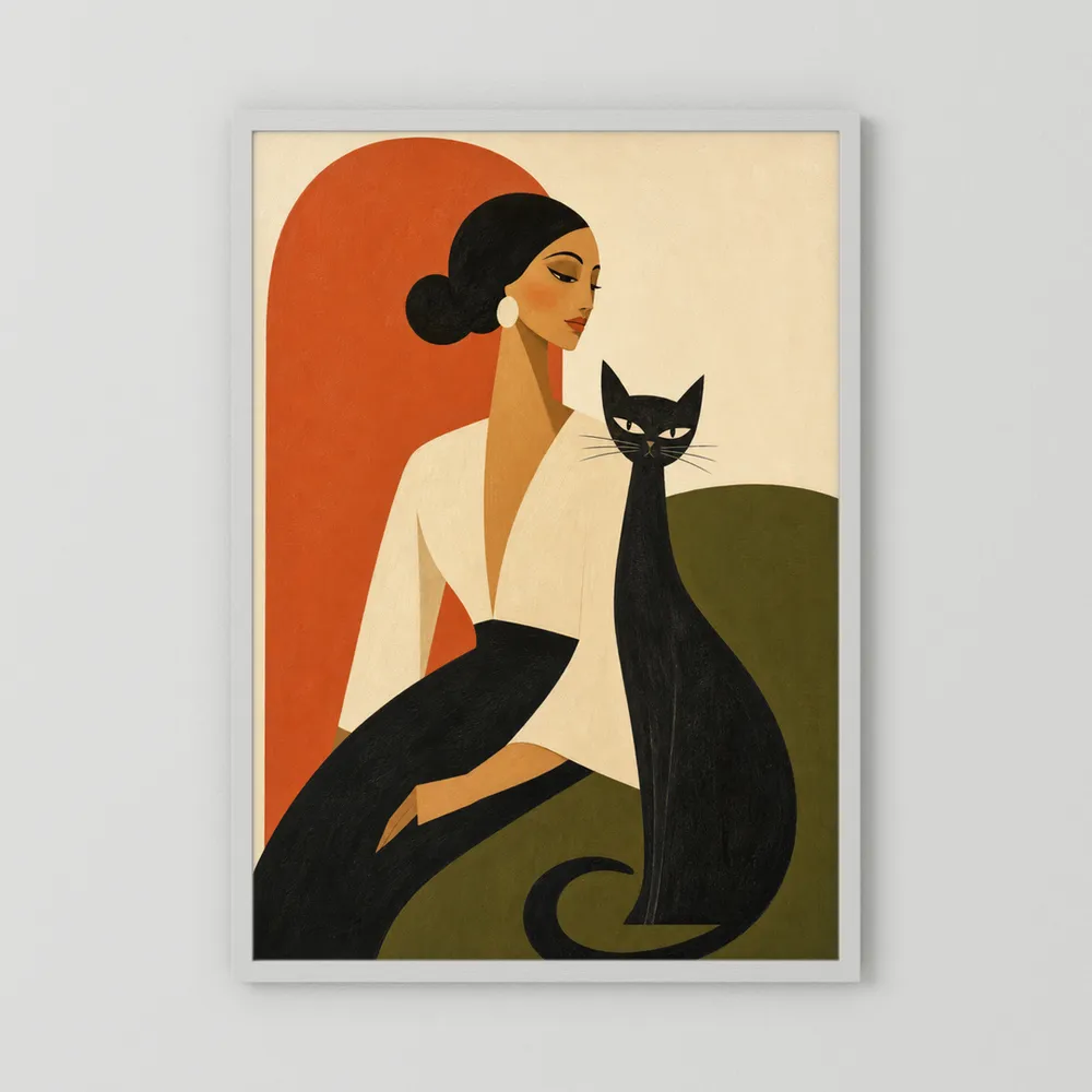 Woman with Sleek Black Cat Mid-Century Retro Art Print