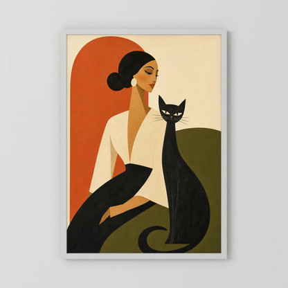 Woman with Sleek Black Cat Mid-Century Retro Art Print