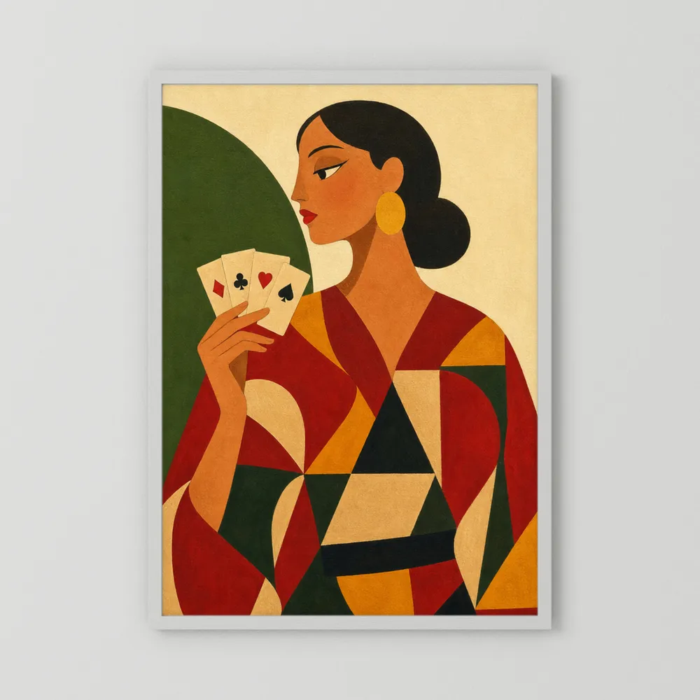 Woman Holding Playing Cards Mid-Century Art Deco Print