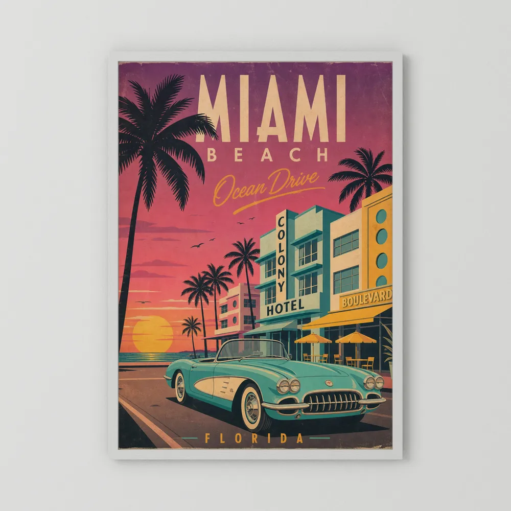 Miami Beach Ocean Drive Art Deco Vintage Travel Poster