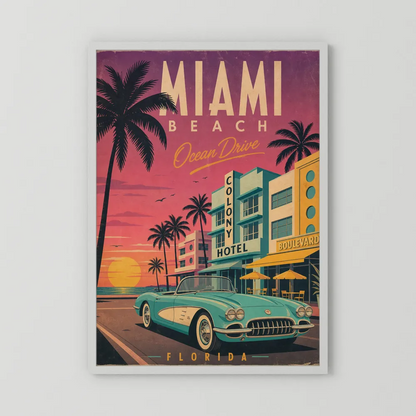 Miami Beach Ocean Drive Art Deco Vintage Travel Poster