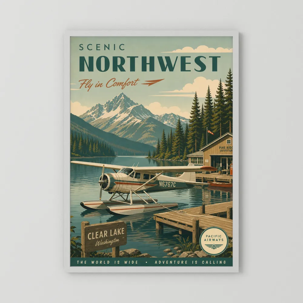 Scenic Northwest Clear Lake Washington Seaplane Vintage Travel Poster Art Print