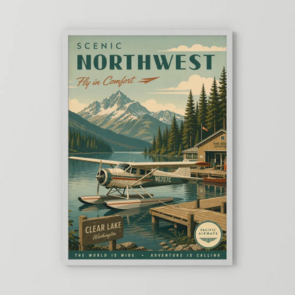 Scenic Northwest Clear Lake Washington Seaplane Vintage Travel Poster Art Print