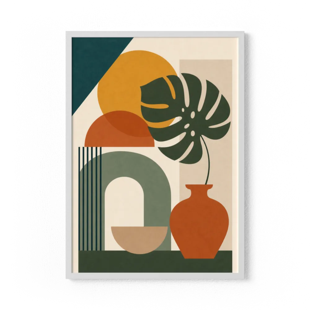 Mid-Century Monstera & Abstract Shapes Art Print